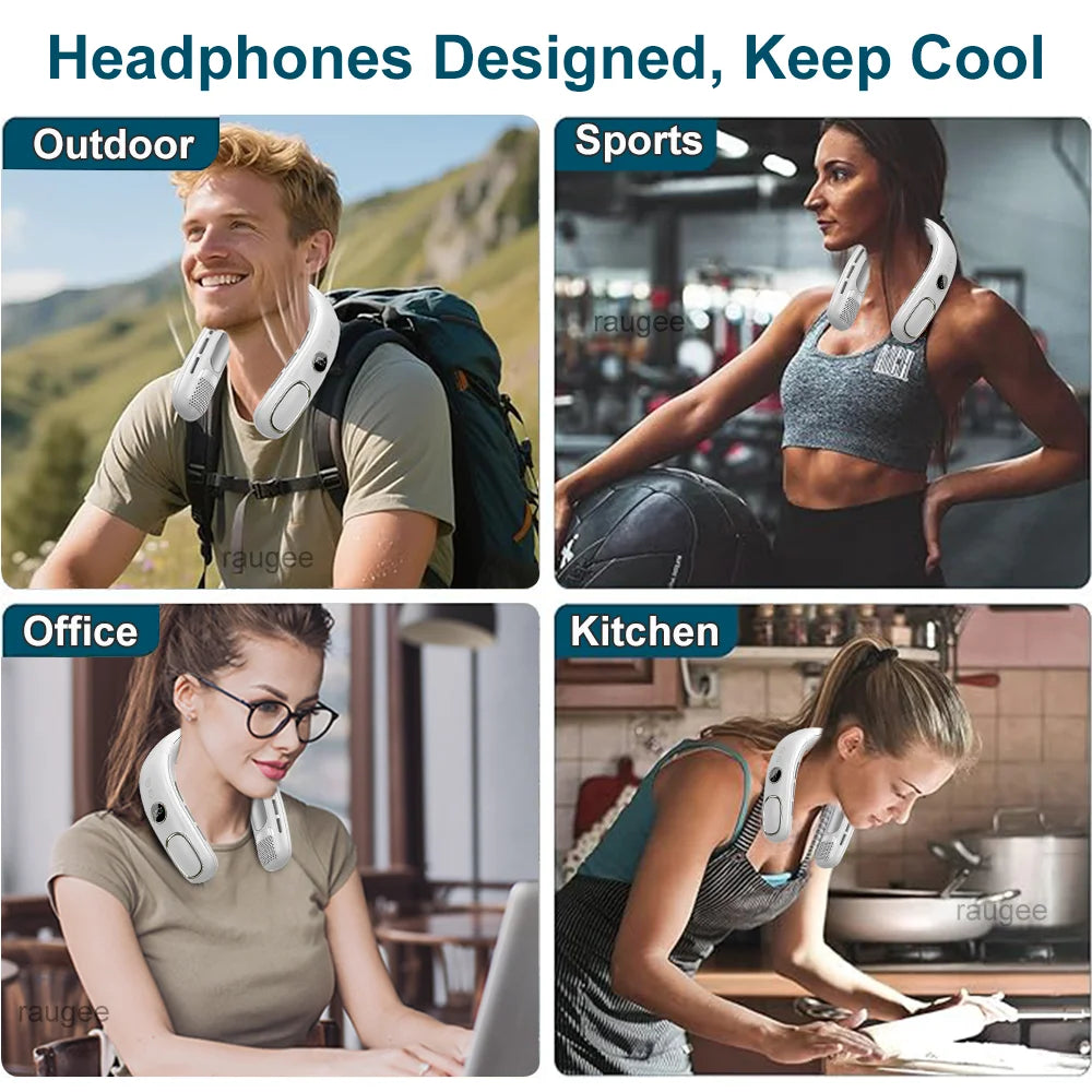 Portable Neck Fan USB Rechargeable Hanging Neck Fan Air Cooler Mini Bladeless Neckband Fan LED Digital Display Electric Fans